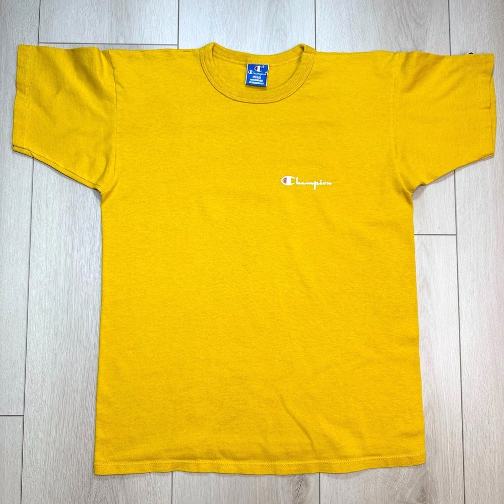 Vintage Champion T Shirt Mens Large Yellow Single Stitch USA Script Logo Tee